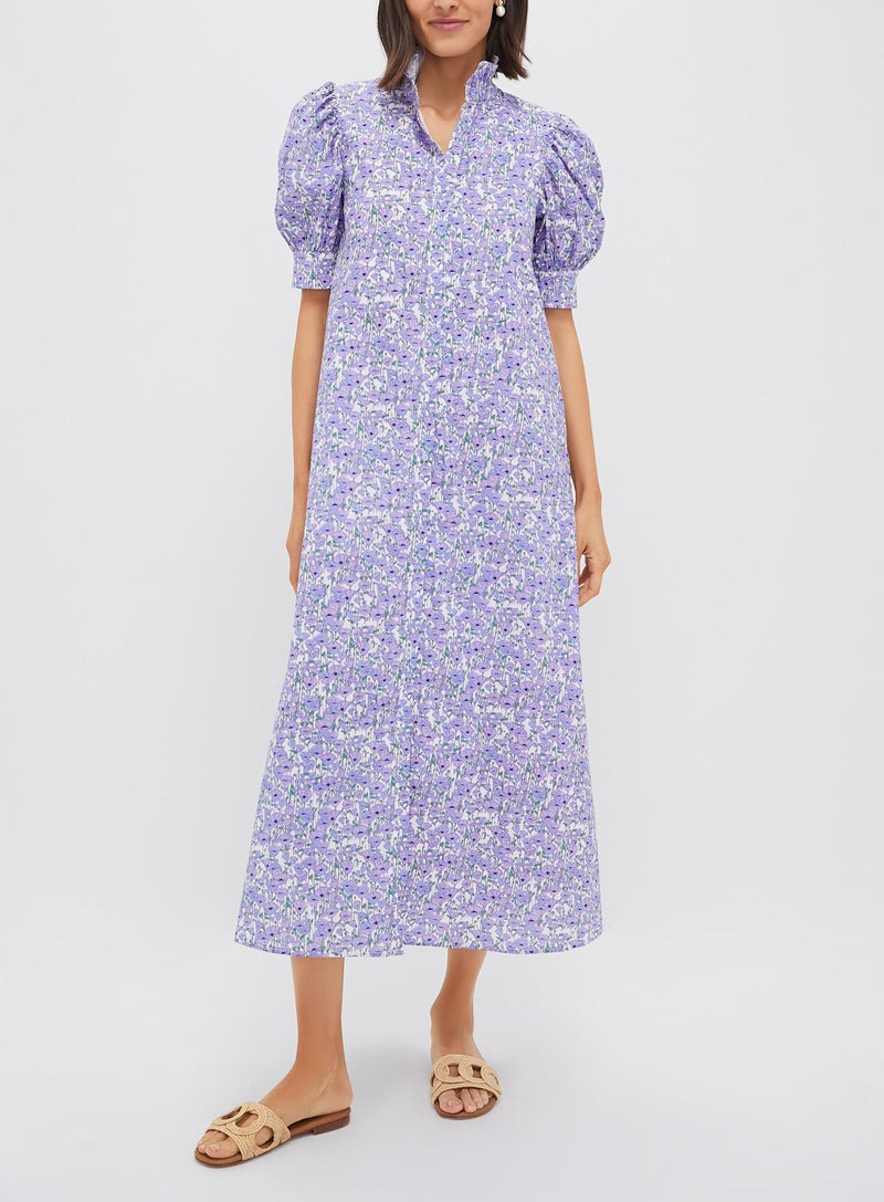 Purple Poppies Ruffle Collar Cotton Dress