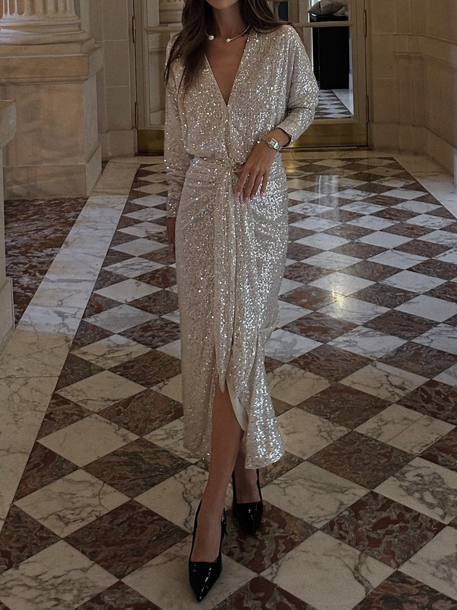 Elegant V Neck High Slit Sequin Dress