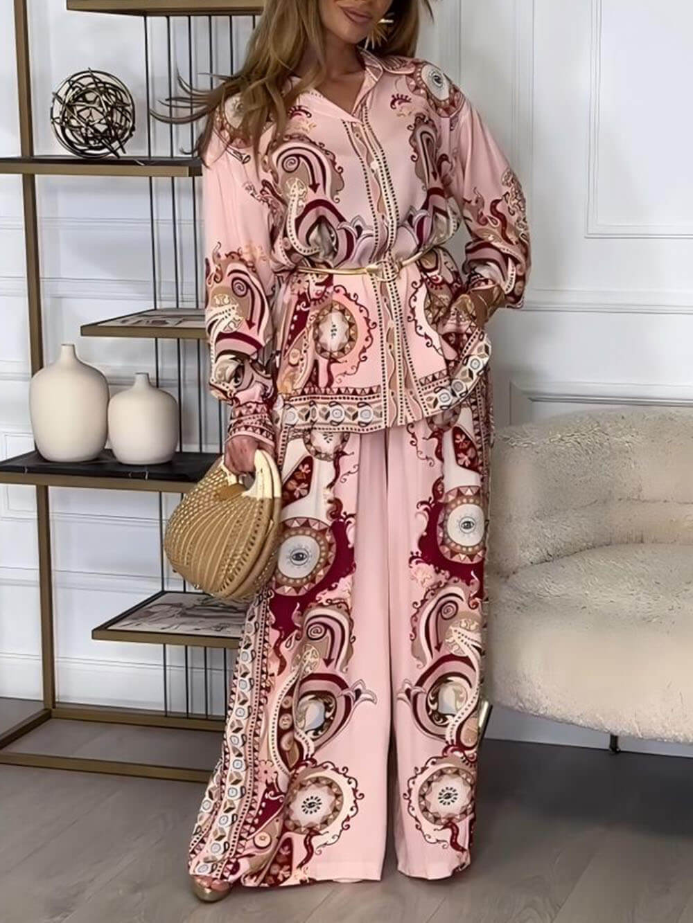 Pink Two-Piece Shirt Pants Suit