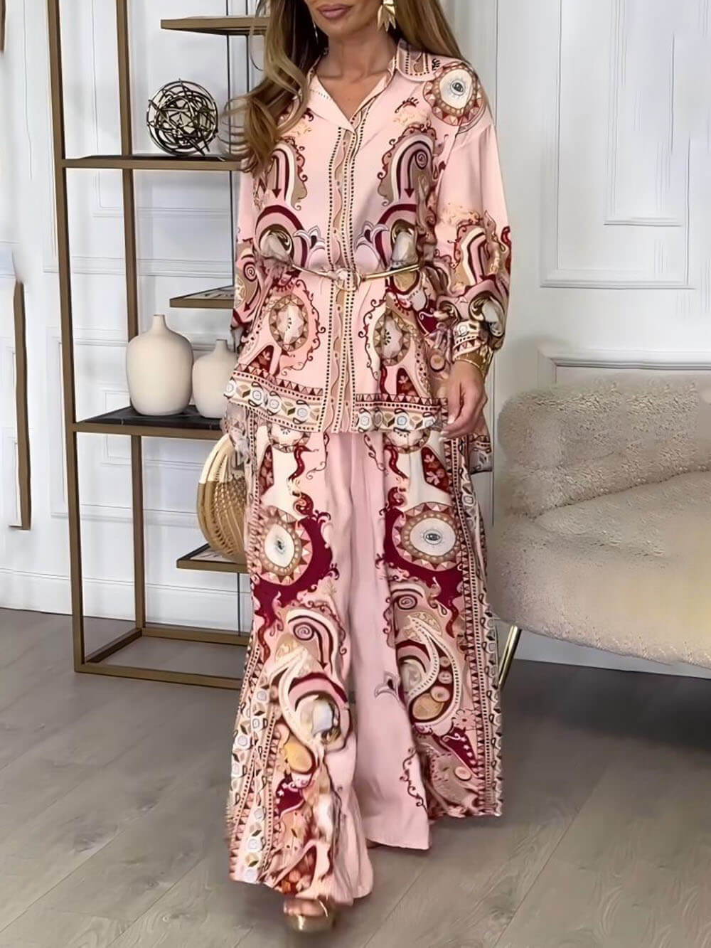 Pink Two-Piece Shirt Pants Suit