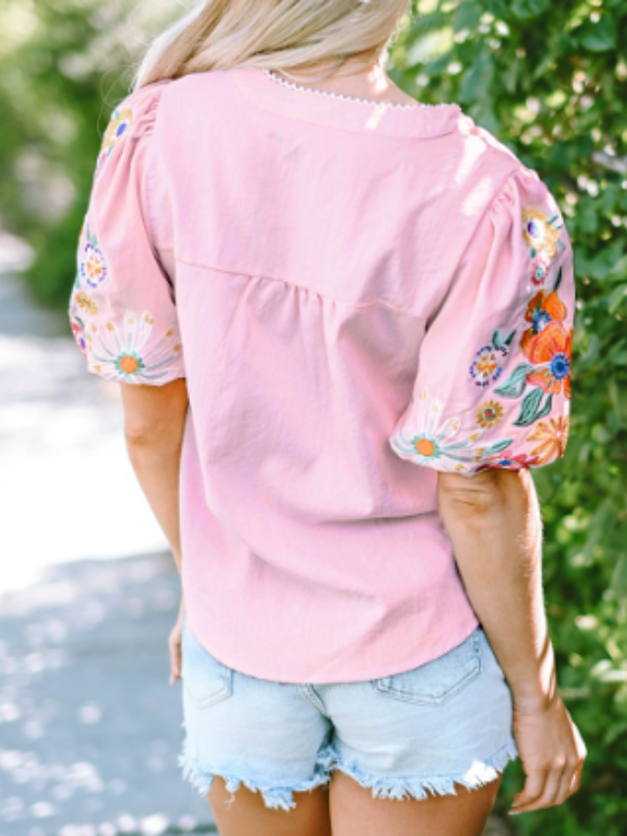 Adorable Embroidered Lantern Sleeve Top