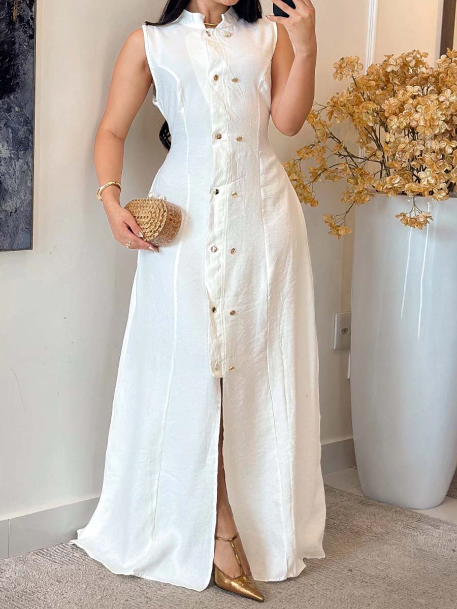 Button Up Sleeveless Elastic Waist Dress