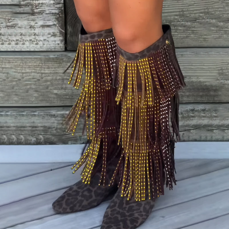 Fashion Crystal Embellished Fringe Western Boots