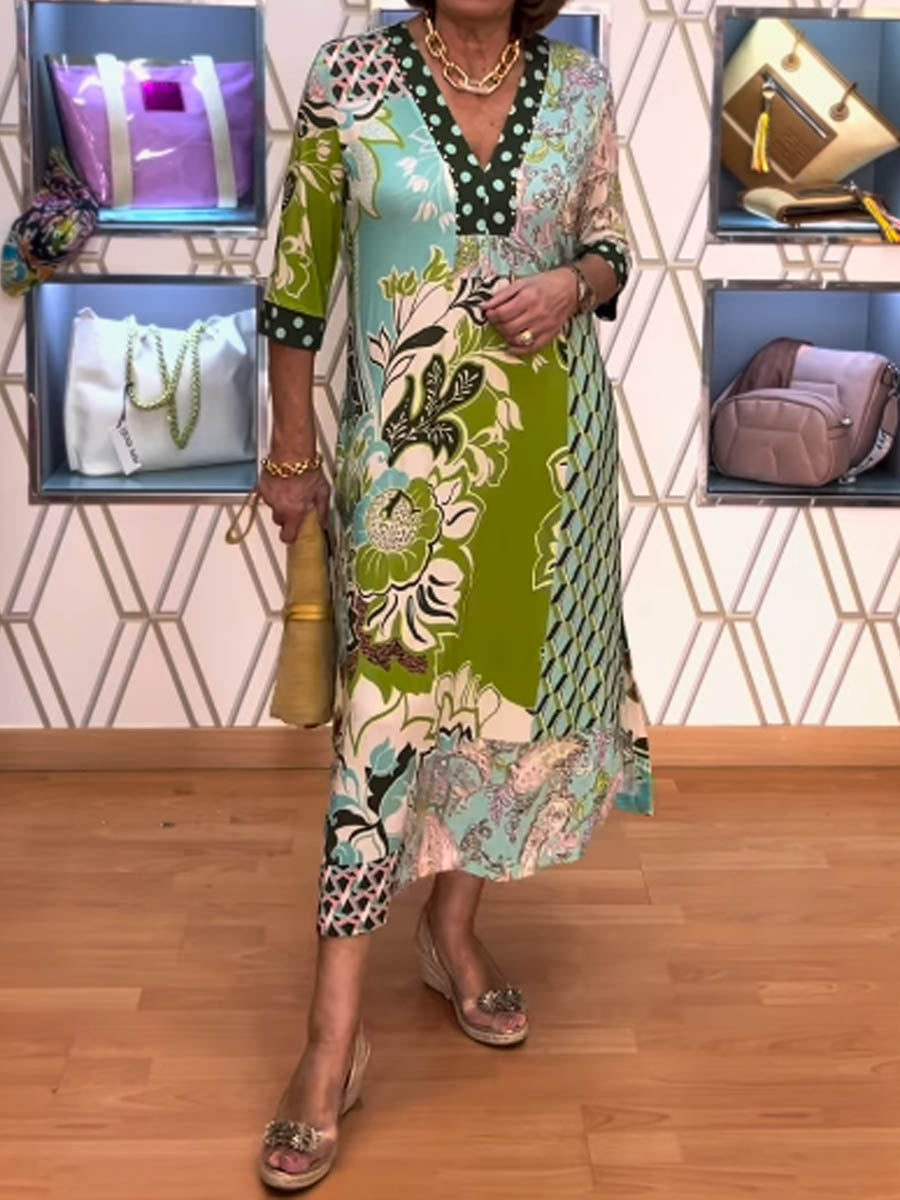 Printed 3/4 Sleeve V Neck Dress