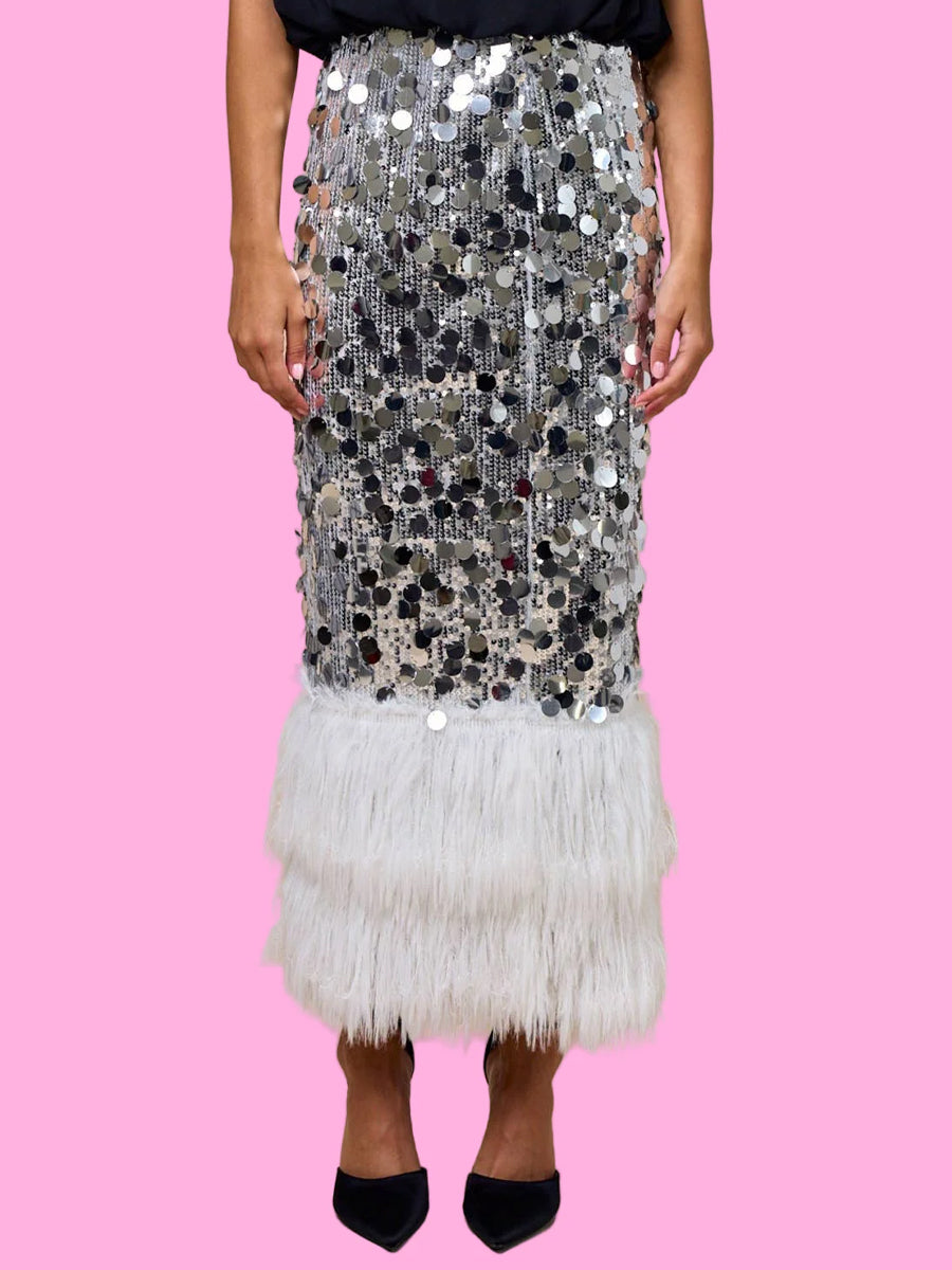 Faux Fur Hem Sequined Midi Skirt