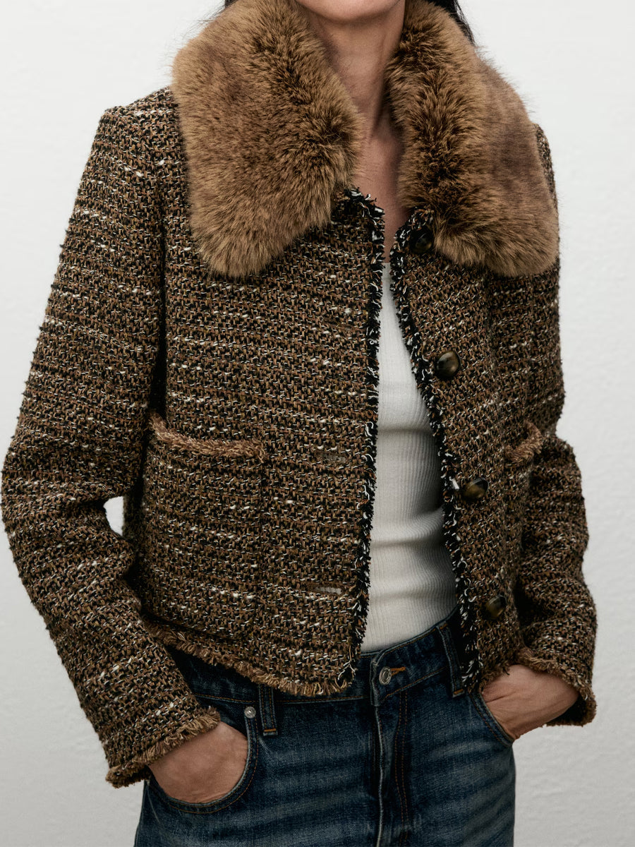 Detachable Fur Effect Collar Tweed Jacket