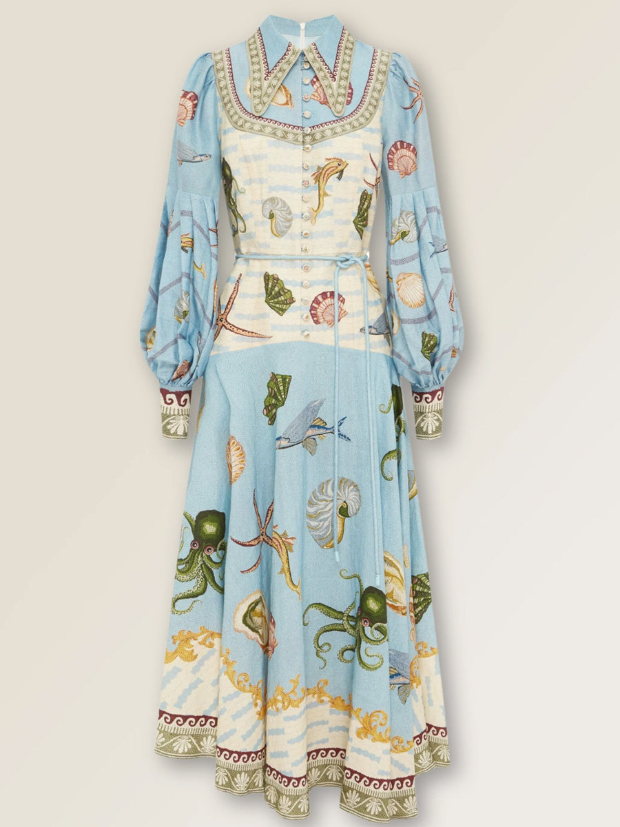 Elegant Lantern Sleeve Printed Maxi Dress