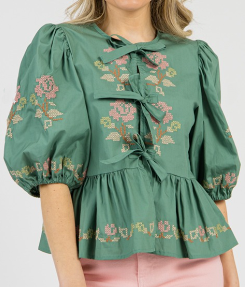 Embroidered Lace-Up Shirt