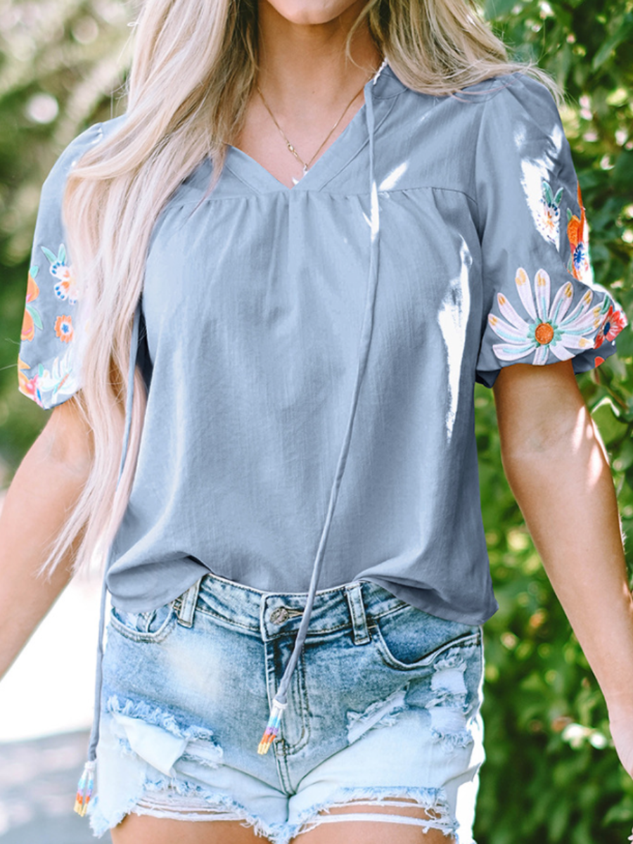 Adorable Embroidered Lantern Sleeve Top