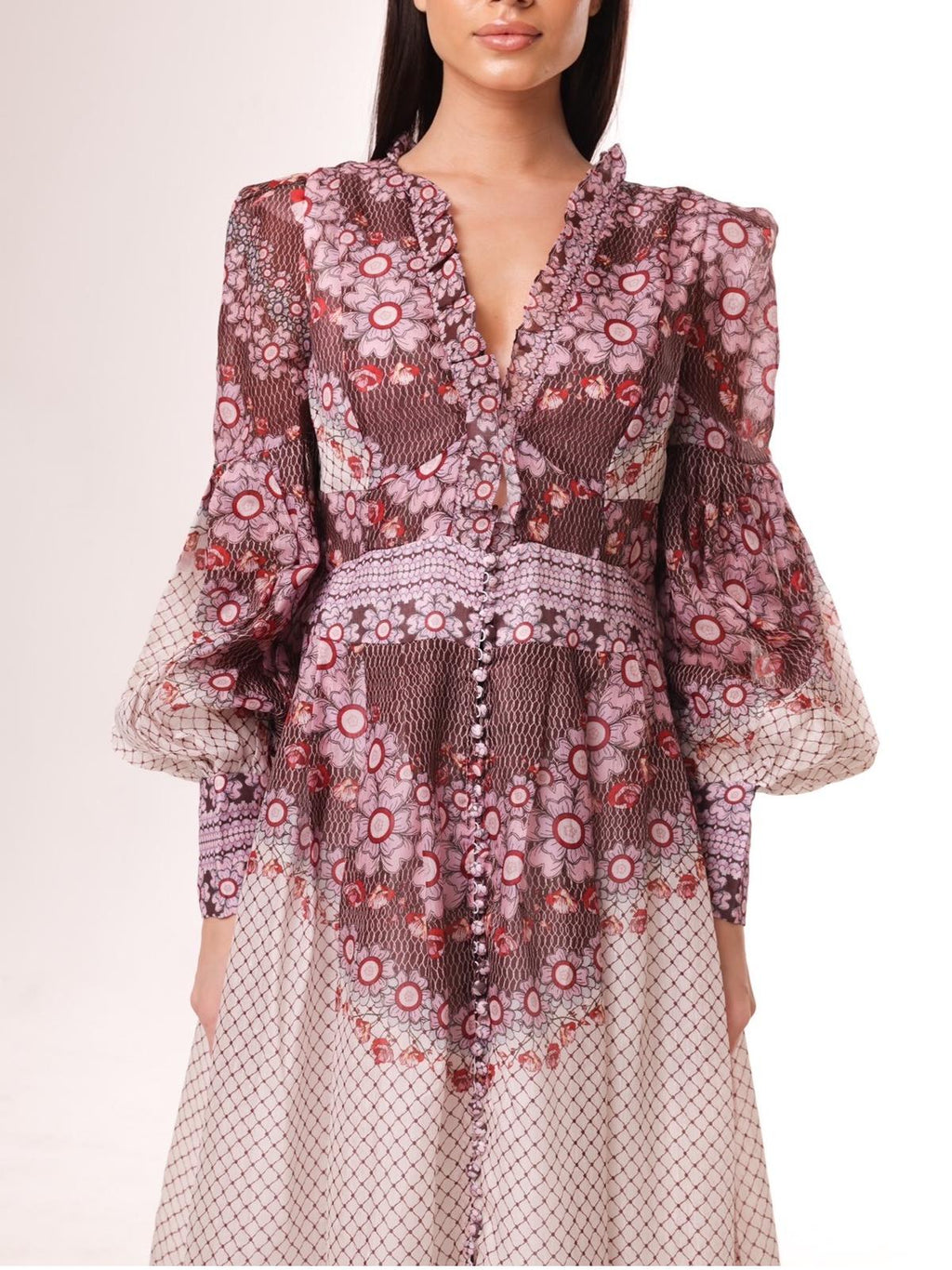 Balloon Sleeves Blend Midi Dress