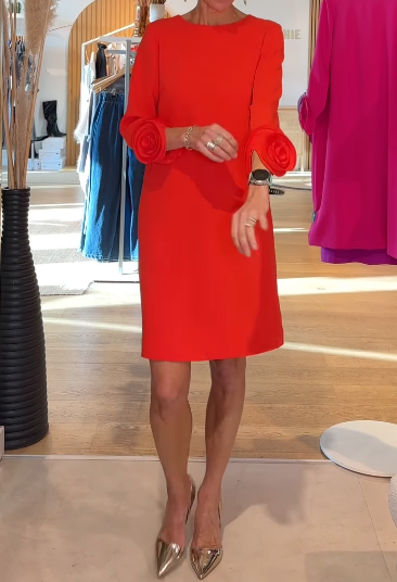 Orange Long Sleeve Flower Dress