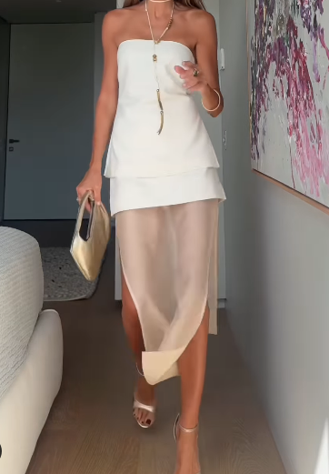 New Women Strapless Split Gauze Skirt