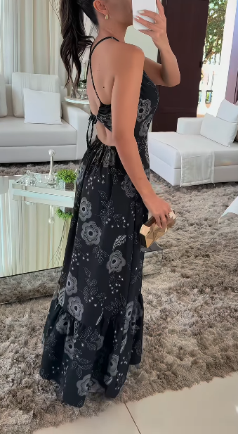 Printed Back Waist Lace-Up Dress