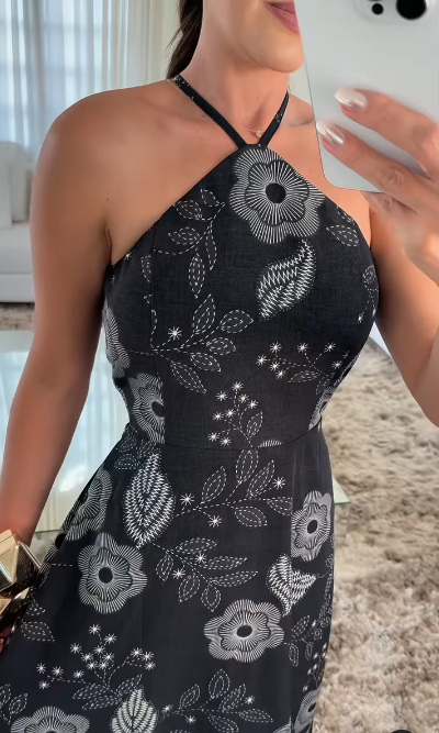 Printed Back Waist Lace-Up Dress