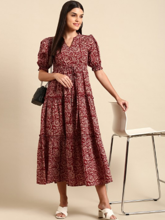 Red Floral Cotton Mid-length Dress