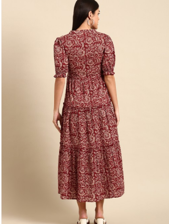 Red Floral Cotton Mid-length Dress