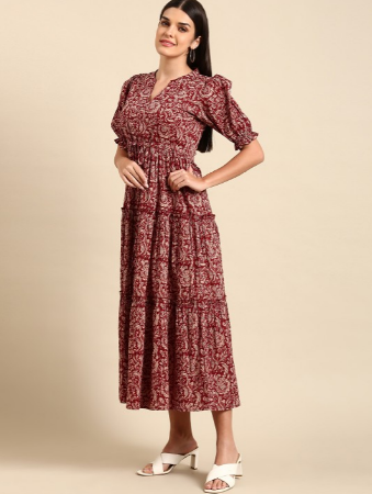 Red Floral Cotton Mid-length Dress