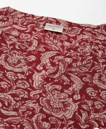 Red Floral Cotton Mid-length Dress