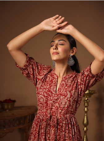 Red Floral Cotton Mid-length Dress