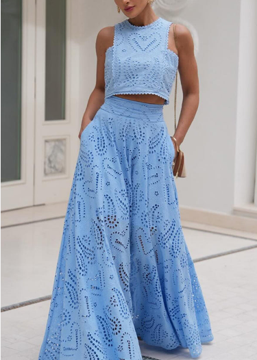 Embroidered Lace High-Waist Stretch-Waist Pocket Maxi Dress