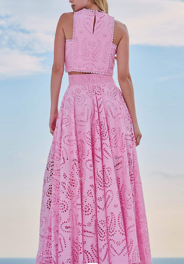 Embroidered Lace High-Waist Stretch-Waist Pocket Maxi Dress