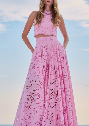 Embroidered Lace High-Waist Stretch-Waist Pocket Maxi Dress