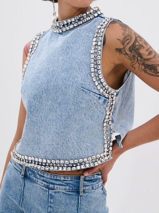 Popping Out Rhinestone Denim Blouse+Rhinestone Denim Pant