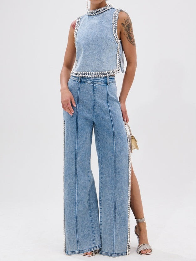 Popping Out Rhinestone Denim Blouse+Rhinestone Denim Pant