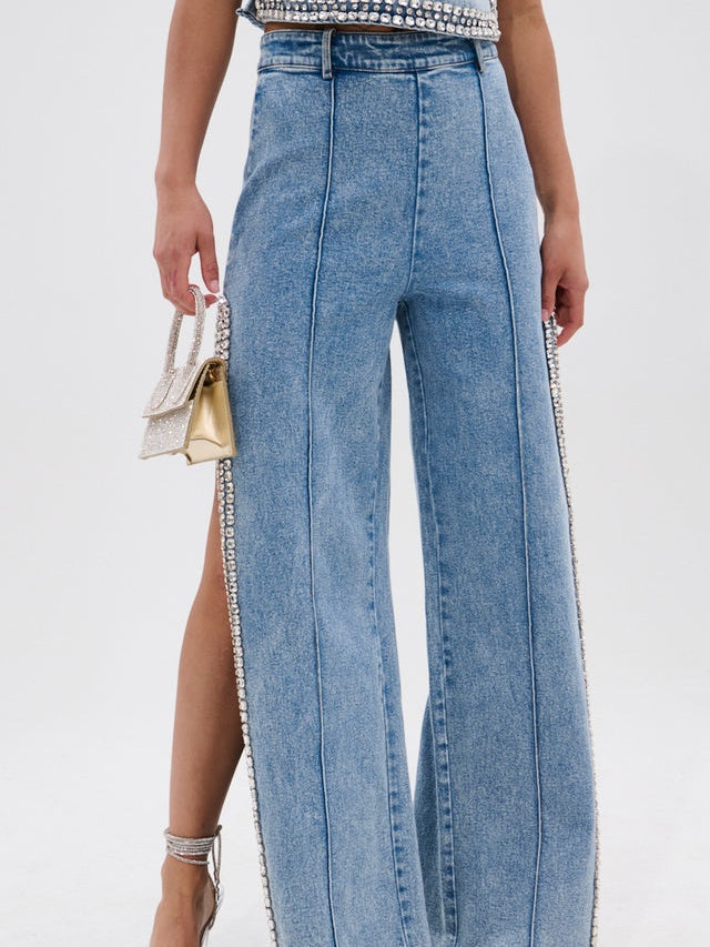 Popping Out Rhinestone Denim Blouse+Rhinestone Denim Pant