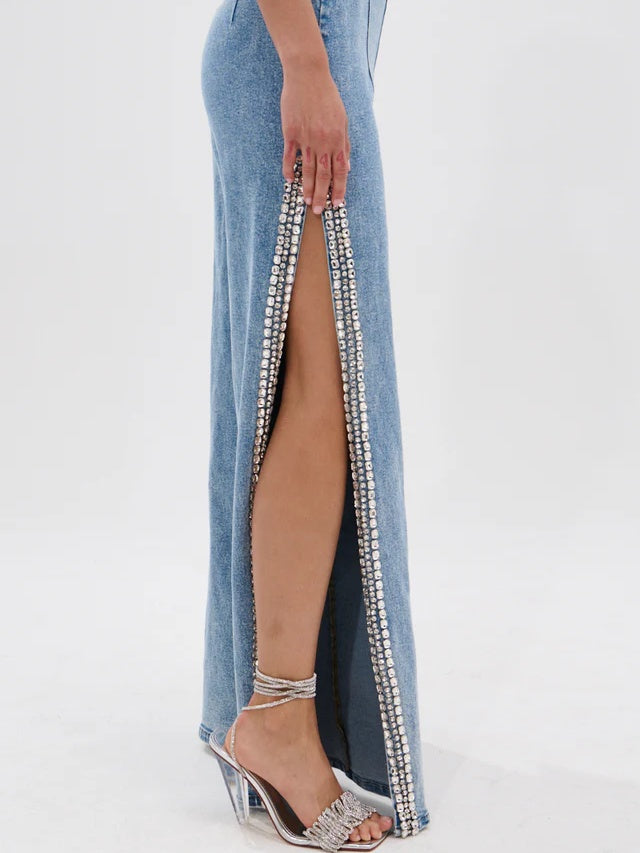 Popping Out Rhinestone Denim Blouse+Rhinestone Denim Pant