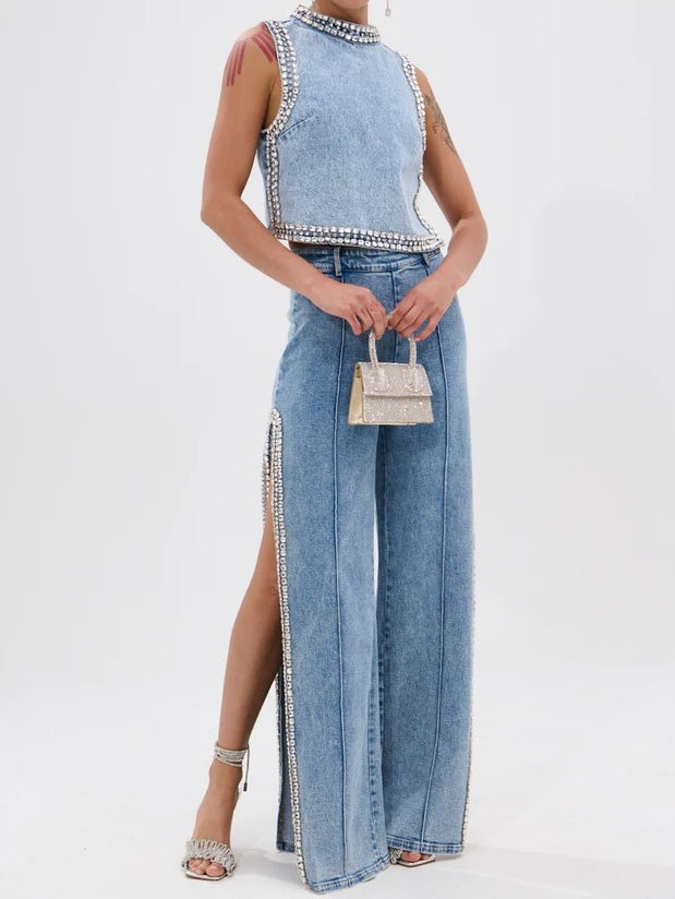 Popping Out Rhinestone Denim Blouse+Rhinestone Denim Pant