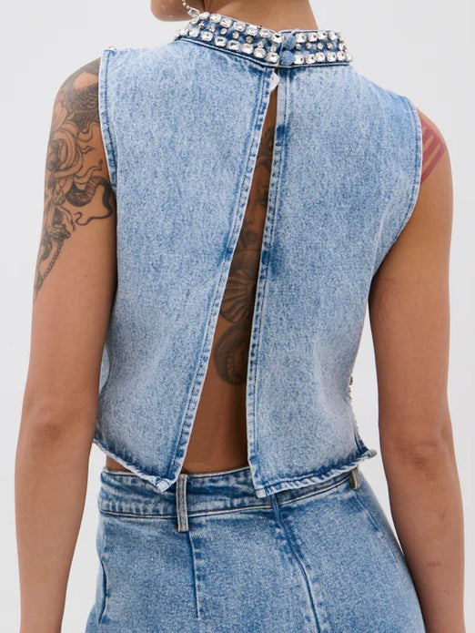 Popping Out Rhinestone Denim Blouse+Rhinestone Denim Pant