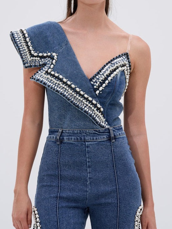 Luxurious Denim Asymmetrical Pearl Bodysuit+Side Slits Denim Pant