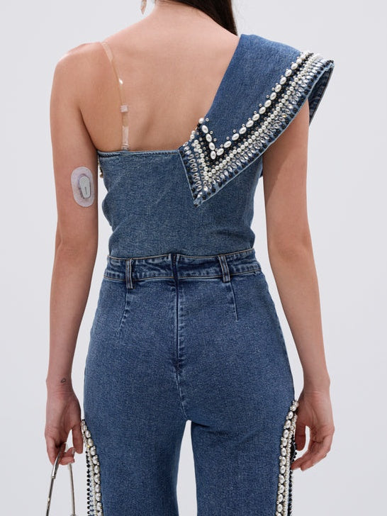 Luxurious Denim Asymmetrical Pearl Bodysuit+Side Slits Denim Pant
