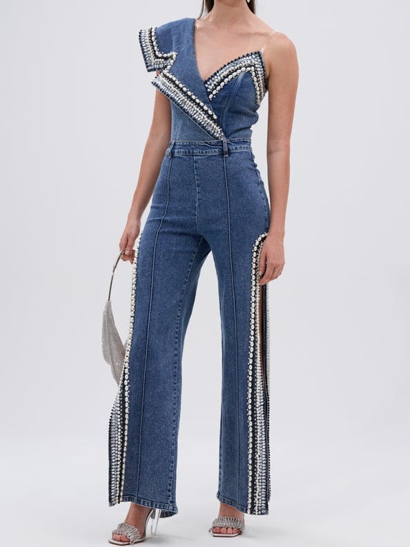 Luxurious Denim Asymmetrical Pearl Bodysuit+Side Slits Denim Pant