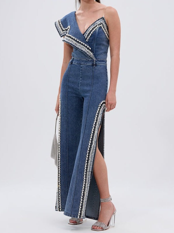 Luxurious Denim Asymmetrical Pearl Bodysuit+Side Slits Denim Pant