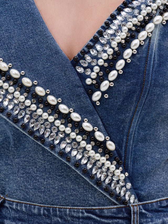 Luxurious Denim Asymmetrical Pearl Bodysuit+Side Slits Denim Pant