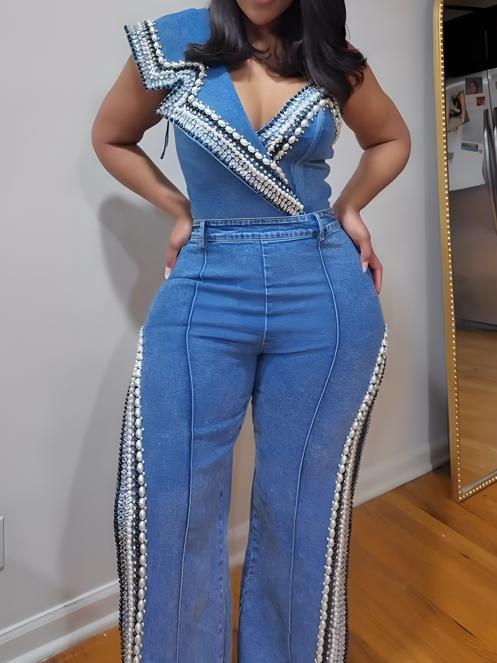 Luxurious Denim Asymmetrical Pearl Bodysuit+Side Slits Denim Pant
