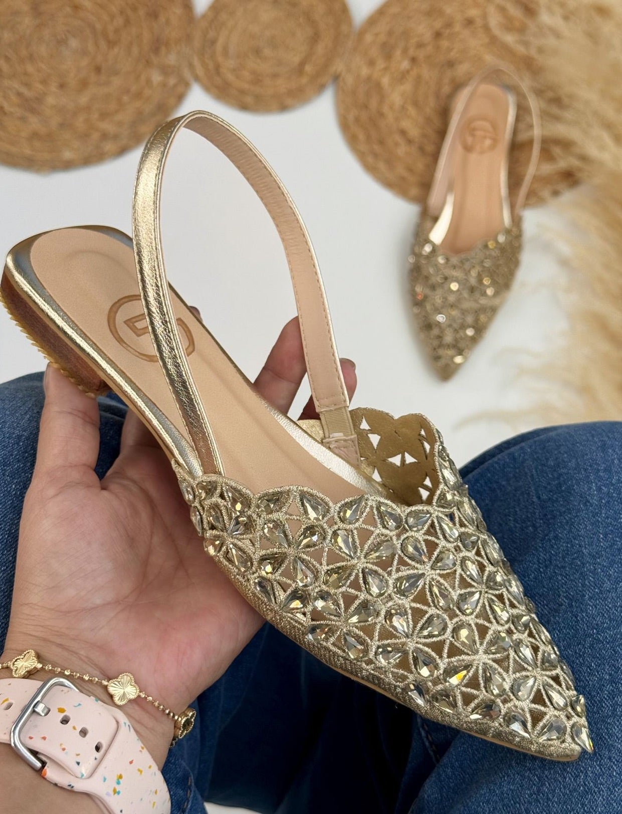 French Pointed Rhinestone Short Heels