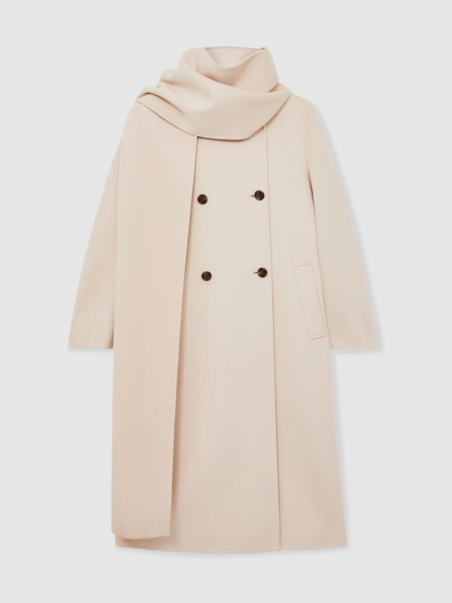 Wool-Blend Scarf Blindseam Coat In Cream