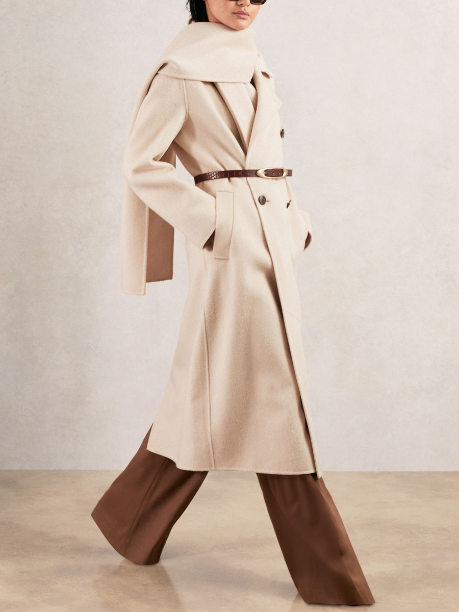 Wool-Blend Scarf Blindseam Coat In Cream