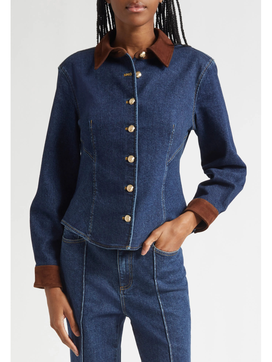 Suede Trim Denim Button-Up Shirt