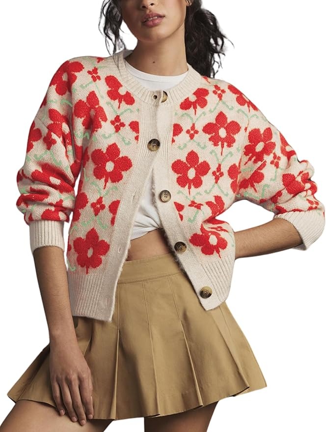 Women Floral Cardigan Sweater Open Front Long Sleeve Button Down Knit Sweater Vintage Outerwear