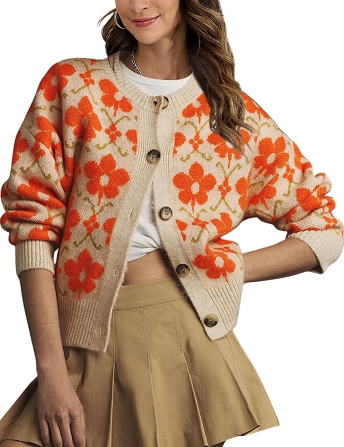 Women Floral Cardigan Sweater Open Front Long Sleeve Button Down Knit Sweater Vintage Outerwear