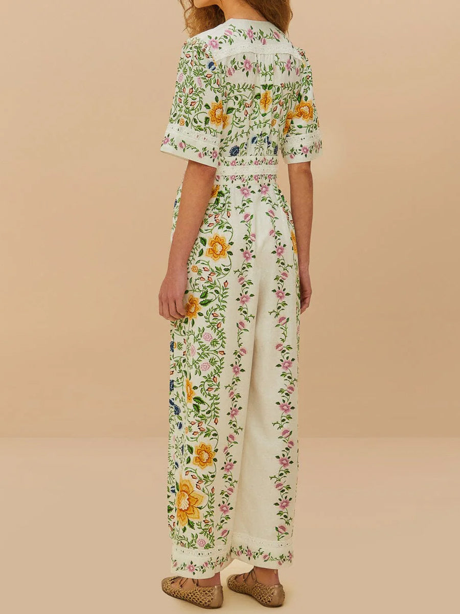 Deep V Neck Floral Print Jumpsuit