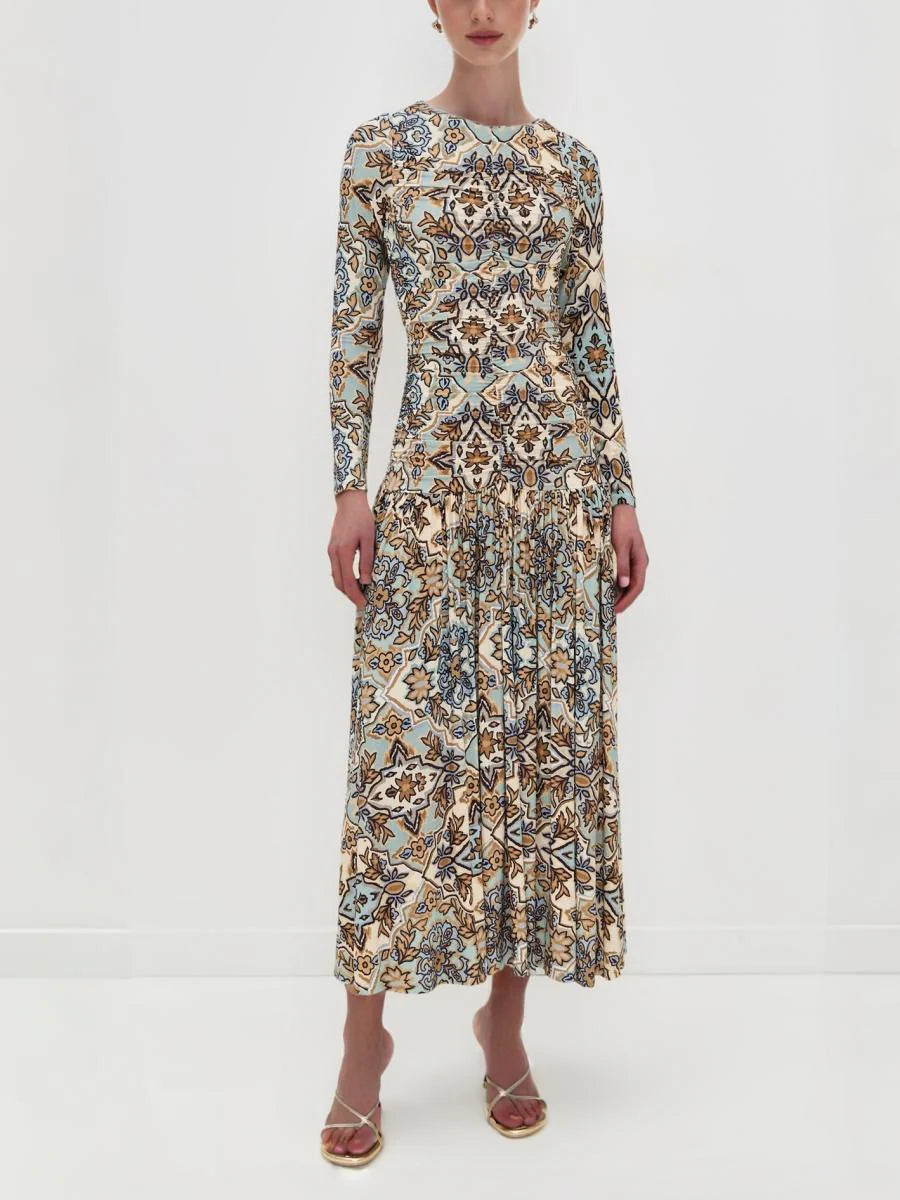 Blue Winter Tapestry Long Sleeve Maxi Dress