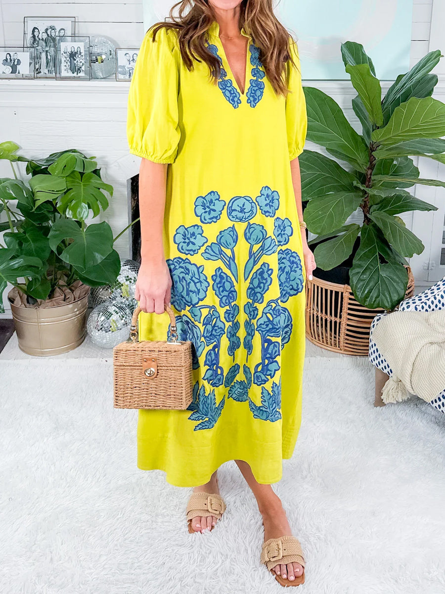 Printed V Neck Puff Sleeve Dress