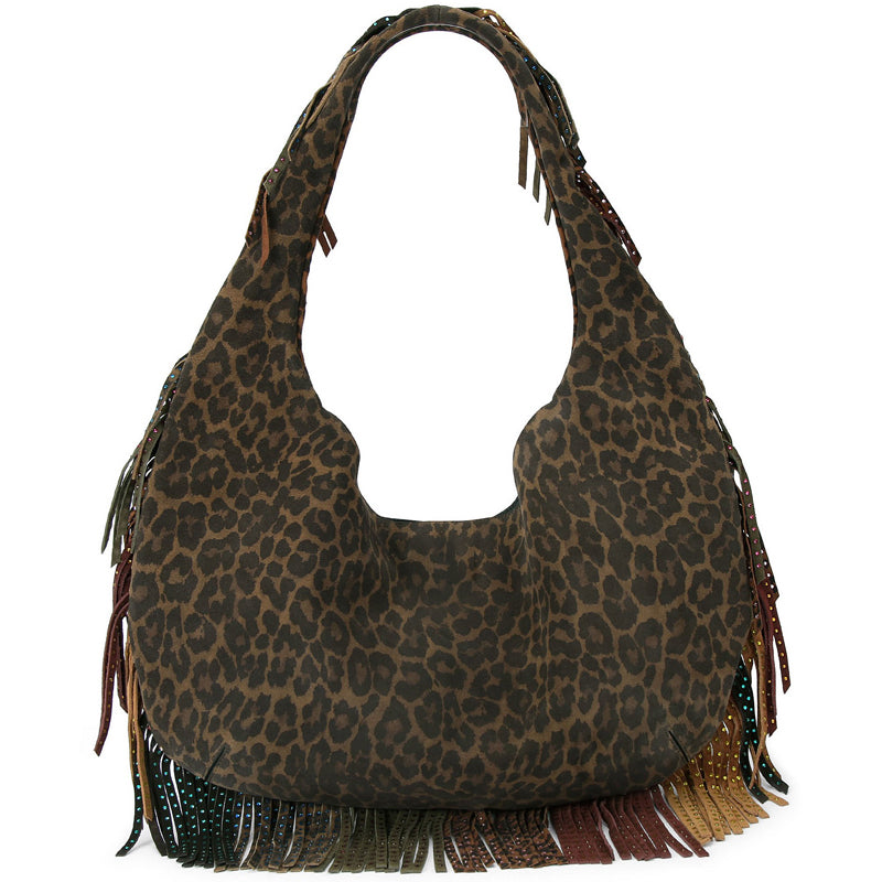 Vintage Leopard Print Tassel Shoulder Bag Large Capacity Tote Bag