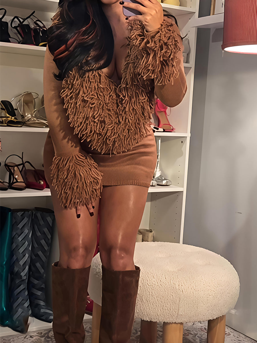 Faux Fur Trim Deep V-Neck Sweater Mini Dress