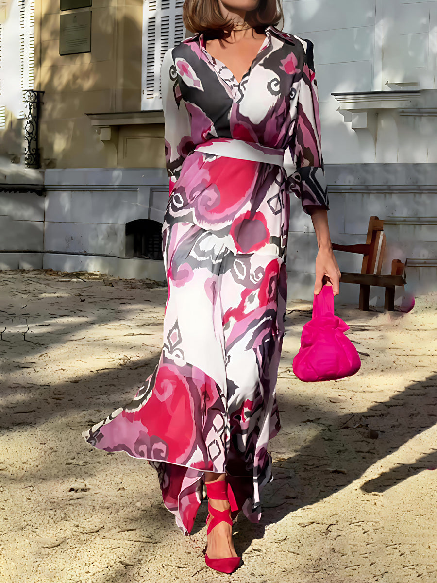 Printed V Neck Long Sleeve Dress